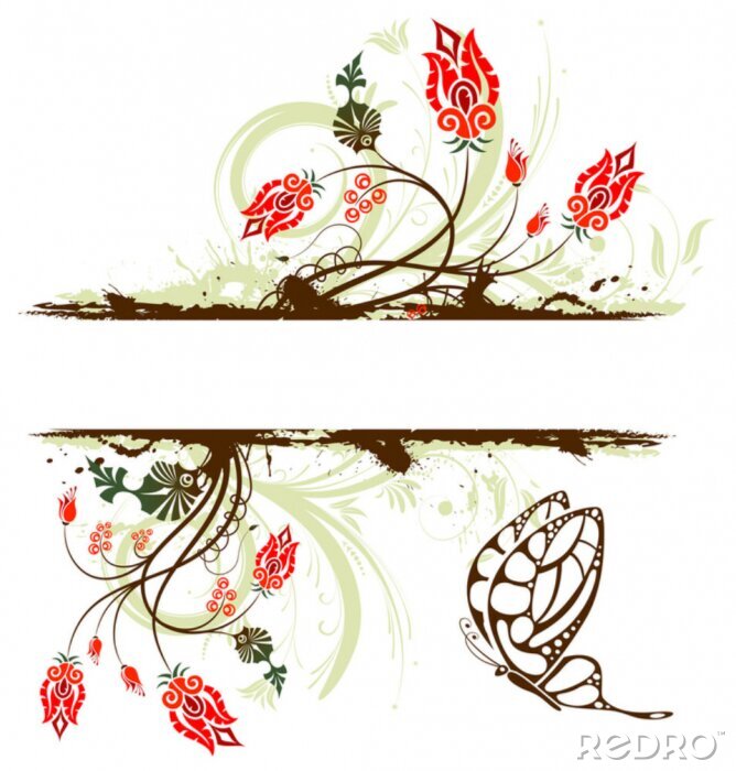 Sticker  Grunge peinture fleur avec papillon arrière, conception, vecteur
