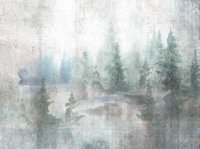 Grunge photo wallpaper with golden abstract elements on concrete background. Illustration for wallpaper, fresco, mural.