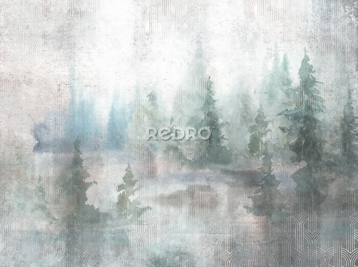 Sticker  Grunge photo wallpaper with golden abstract elements on concrete background. Illustration for wallpaper, fresco, mural.