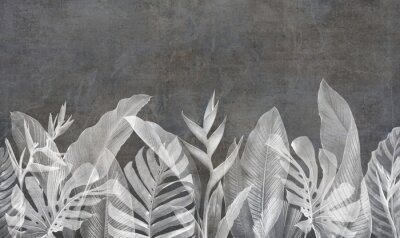Papier peint  Grunge wallpaper with leafs and plants on concrete background. Design for wallpaper, photo wallpaper, fresco, mural and other.