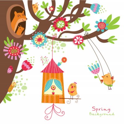 Sticker  Habitants animaux d'une illustration colorée de conte de fées d'arbre
