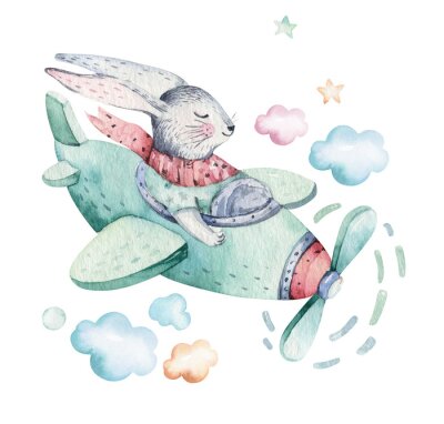 Sticker  Hand drawing fly cute easter pilot bunny watercolor cartoon bunnies with airplane in the sky. Turquoise watercolour animal rabbit flying art flight illustration