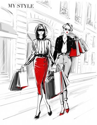 Hand drawn beautiful two young women with shopping bags. Fashion woman in red skirt. Women on street background. Black and white sketch. Fashion illustration.