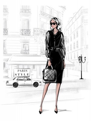 Hand drawn beautiful young woman in black dress. Fashion woman with bag. Girl in black shoes with Paris street background. Sketch. Fashion illustration.