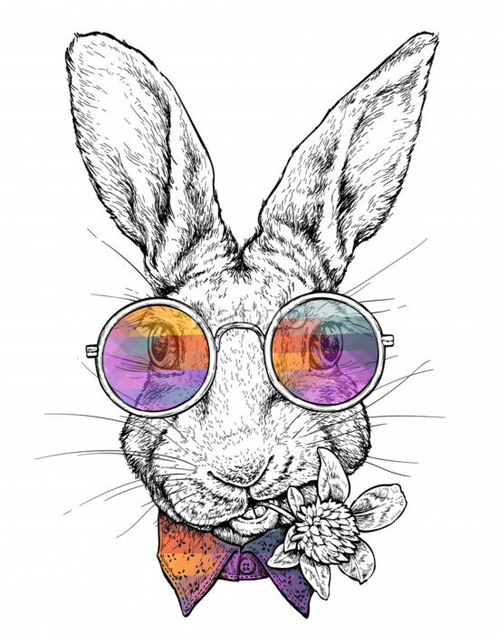 Sticker  Hand drawn hipster style portrait of Funny Rabbit in glasses. Vector illustration isolated on white