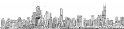 Sticker  Hand drawn illustration. Panorama of the Chicago skyline. Detailed ink look and feel. Black and white.