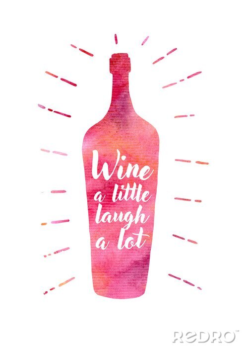Sticker  Hand drawn label with wine bottle, sunburst and lettering. Vector typography illustration for card, poster, bar or pub menu.