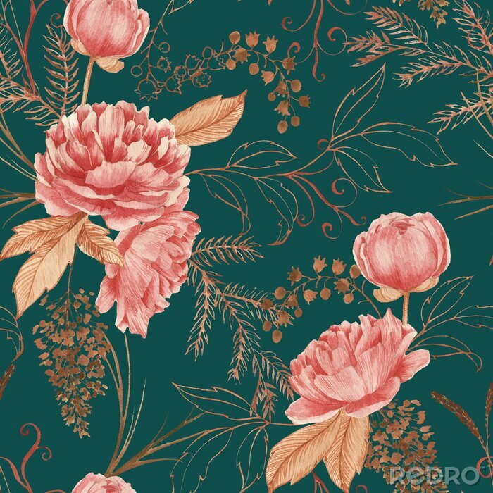 Sticker  Hand drawn watercolor seamless pattern with pink peony and decorative plants. Repeat background illustration