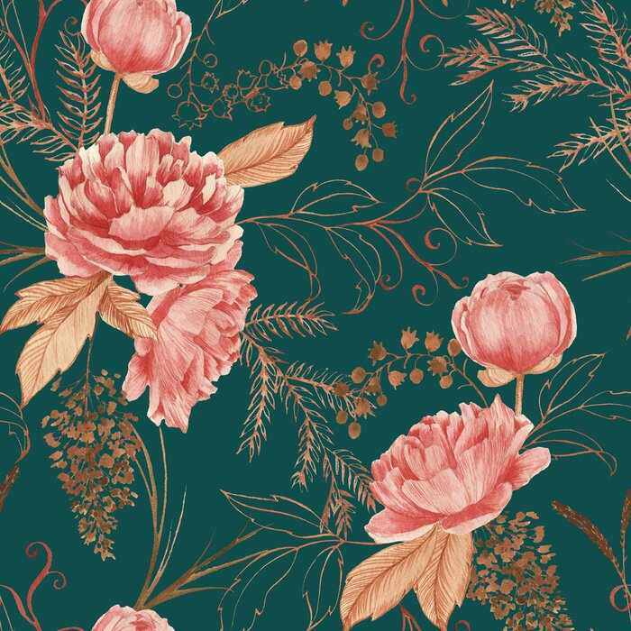 Sticker  Hand drawn watercolor seamless pattern with pink peony and decorative plants. Repeat background illustration