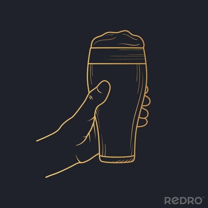 Sticker  Hand holding a golden glass of beer with foam. Vector isolated illustration. Icon for night bar background. Gold label for brewery.