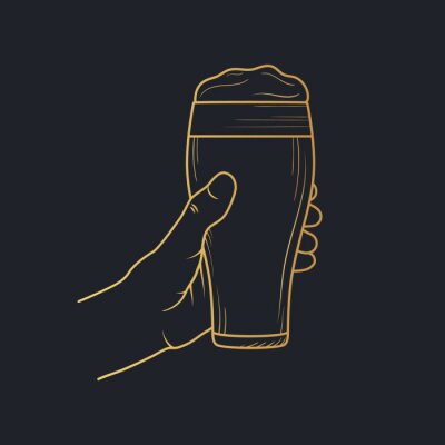 Sticker  Hand holding a golden glass of beer with foam. Vector isolated illustration. Icon for night bar background. Gold label for brewery.