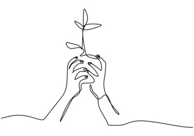 Sticker  Hand holding plant's pot. Continuous one line drawing of back to nature theme. Growing plant in hand palm. Concept of growing and love earth hand drawn vector design illustration.