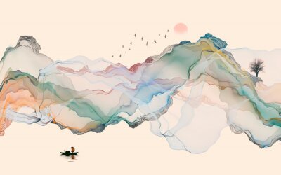 Sticker  Hand-painted lines, abstract ink landscape decorations, art poster background