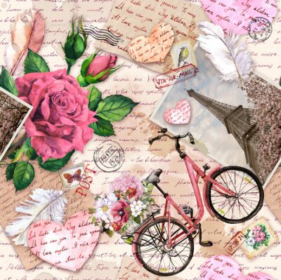 Papier peint à motif  Hand written letters, hearts, bicycle with flowers in basket, vintage photo of Eiffel Tower, rose flowers, postal stamps, feathers. Seamless pattern about love, France, Paris