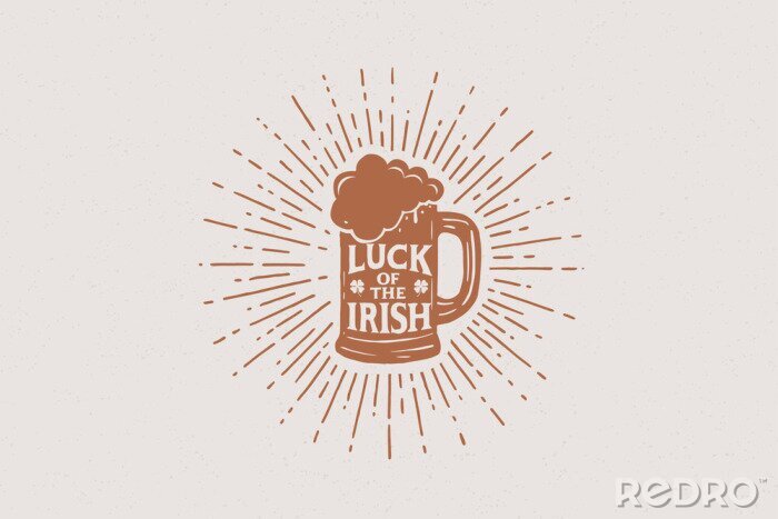Sticker  Hands drawn beer mug with the inscription Irish luck in the rays of light. Vintage illustration on the theme of St. Patrick's Day. Monochrome engraving style.