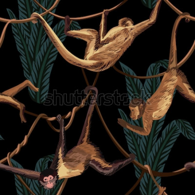 Sticker  hanging monkeys in the jungle seamless background