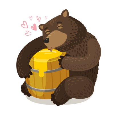 Sticker  Happy bear hugs wooden barrel of honey. Cartoon vector illustration