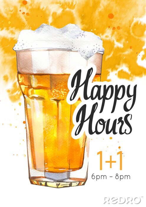 Sticker  Happy hours poster. Watercolor illustration with glass of lager beer in picturesque style for bar. Drink menu for celebration. Special offer.