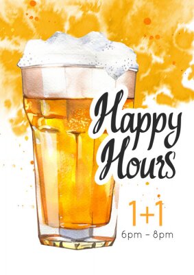 Sticker  Happy hours poster. Watercolor illustration with glass of lager beer in picturesque style for bar. Drink menu for celebration. Special offer.