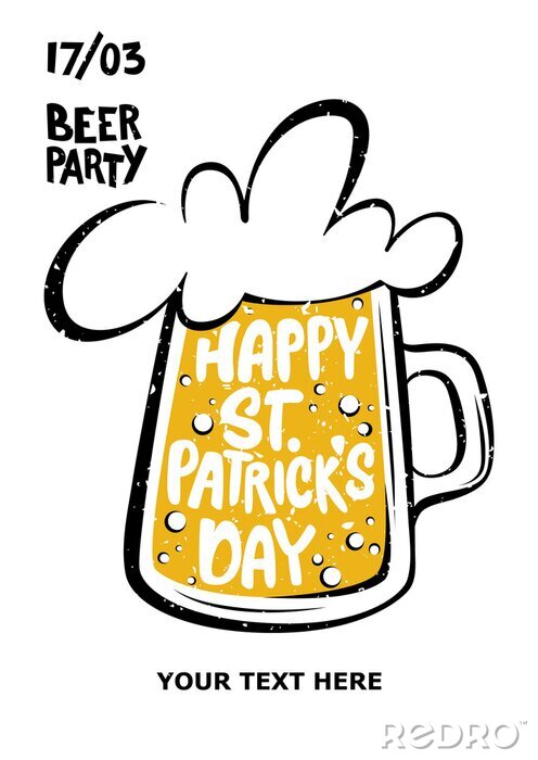 Sticker  Happy St. Patrick's Day greeting. Lettering happy St. Patrick's Day inscribed in a beer. Beer party. Illustration of a beer mug.