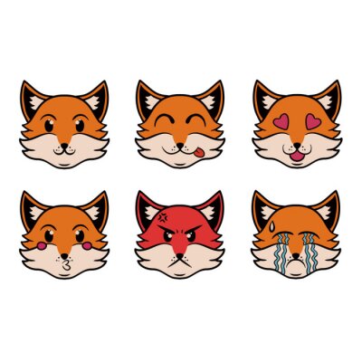 Head of the Emoji Fox in pop art style. Vector set of fox character. Cartoon style. Funny character design