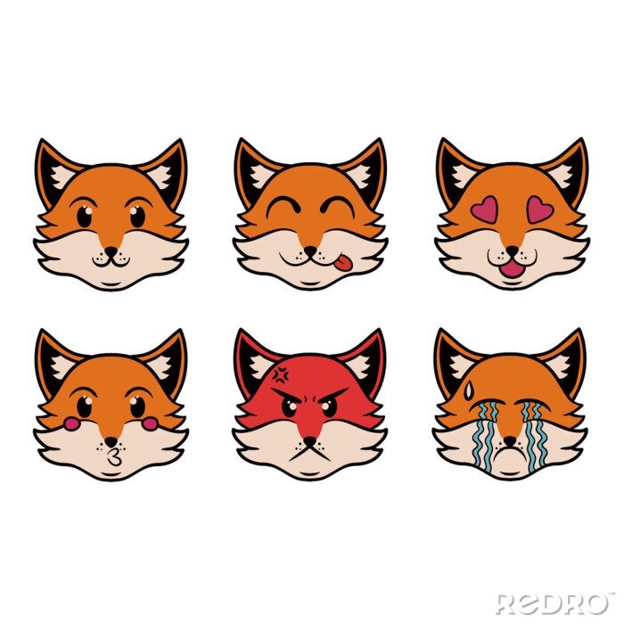Sticker  Head of the Emoji Fox in pop art style. Vector set of fox character. Cartoon style. Funny character design