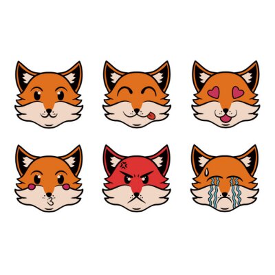 Sticker  Head of the Emoji Fox in pop art style. Vector set of fox character. Cartoon style. Funny character design