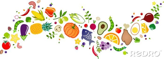 Sticker  healthy, colorful & balanced diet, food icon banner: flat lay of cartoon foods and ingredients isolated on white – vector illustration