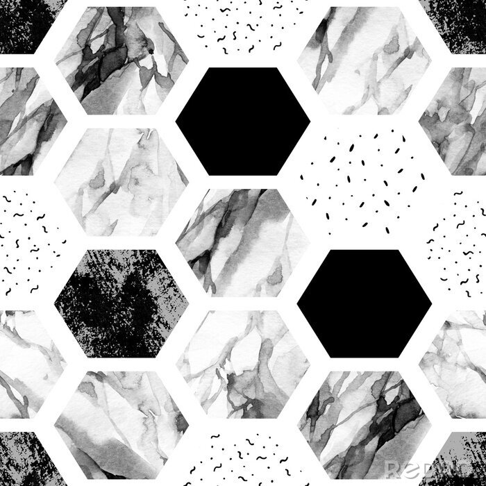 Sticker  Hexagone aquarelle avec des rayures, marbre couleur de l'eau, grainé, grunge, textures de papier.