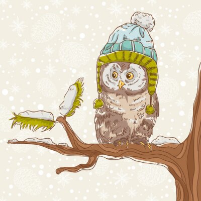 Sticker  Hibou d'hiver assis dans un bonnet sur une branche