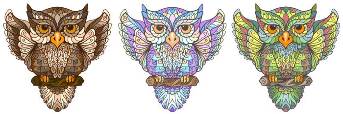 Sticker  Hibou marron, violet et vert