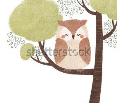 Sticker  Hibou sur une branche pastel illustration pour enfants