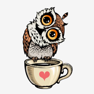 Sticker  Hibou sur une tasse avec un coeur