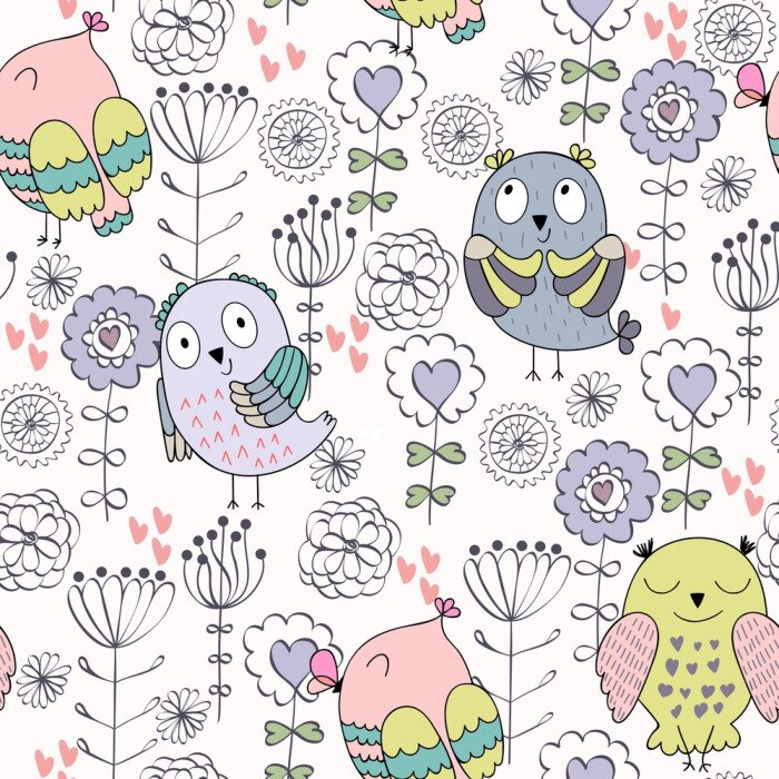 Sticker  Hiboux, chouettes et fleurs délicates