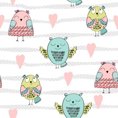 Sticker  Hiboux colorés parmi les coeurs illustration joyeuse
