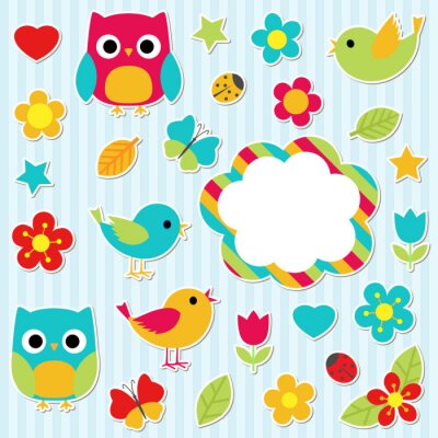 Sticker  Hiboux de conte de fées et oiseaux colorés