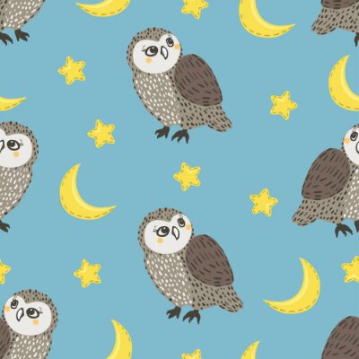 Papier peint à motif  Hiboux étoiles et lunes