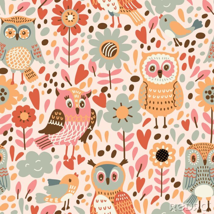 Sticker  Hiboux pour filles avec fleurs et coeurs