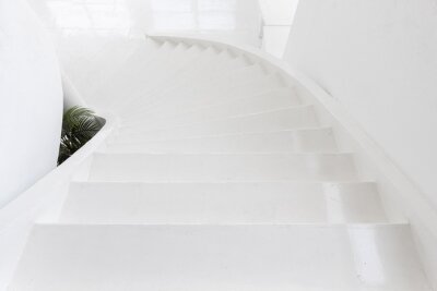 Sticker  high angle view of white indoor cement stone staircase without railing in minimal building