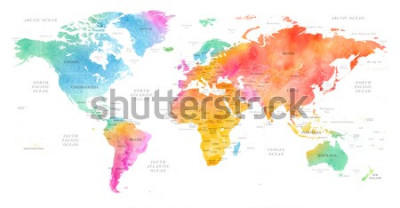 Sticker  High detailed Multicolor Watercolor World Map Illustration with borders, oceans and countries on white Background, Side View.