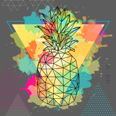 Sticker  Hipster polygonal tropic fruit pineapple on artistic triangle watercolor background