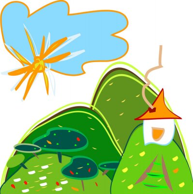 Sticker  Hutte blanche sur l'illustration pour enfants de la colline