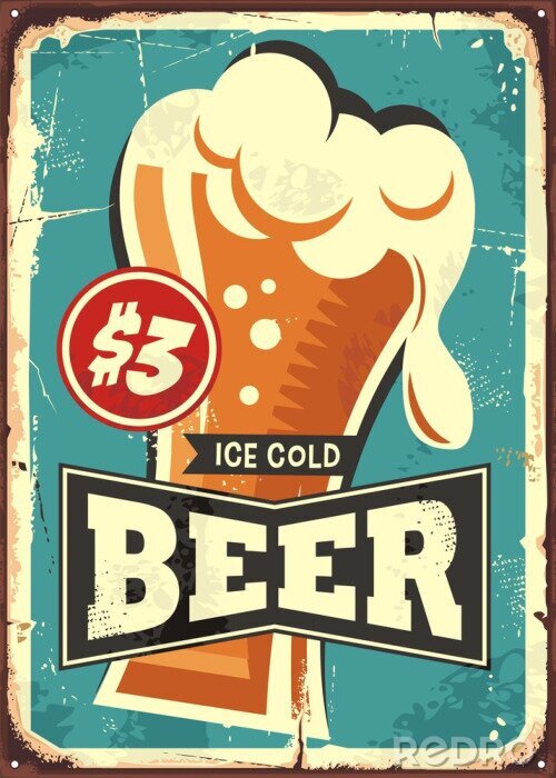 Sticker  Ice cold beer vintage metal sign for drink bar, cafe, pub or restaurant. Beer glass on old rusty texture and blue background. Retro vector poster illustration.