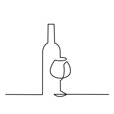Sticker  Icône de vecteur de contour de verre à vin. Une ligne continue a tracé une bouteille de vin et un verre.