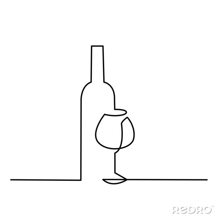 Sticker  Icône de vecteur de contour de verre à vin. Une ligne continue a tracé une bouteille de vin et un verre.