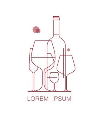 Sticker  Icône, logo pour la carte des vins, dégustation, menu du restaurant. Un ensemble de verres à vin et une bouteille de vin. Style linéaire moderne. Illustration vectorielle