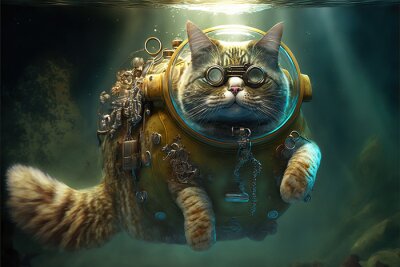 Sticker  illustrata scuba diving steampunk cat swimming in the ocean illustration generative ai