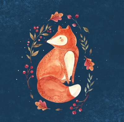 Sticker  Illustration Aquarelle avec le renard et la couronne florale sur le fond sombre