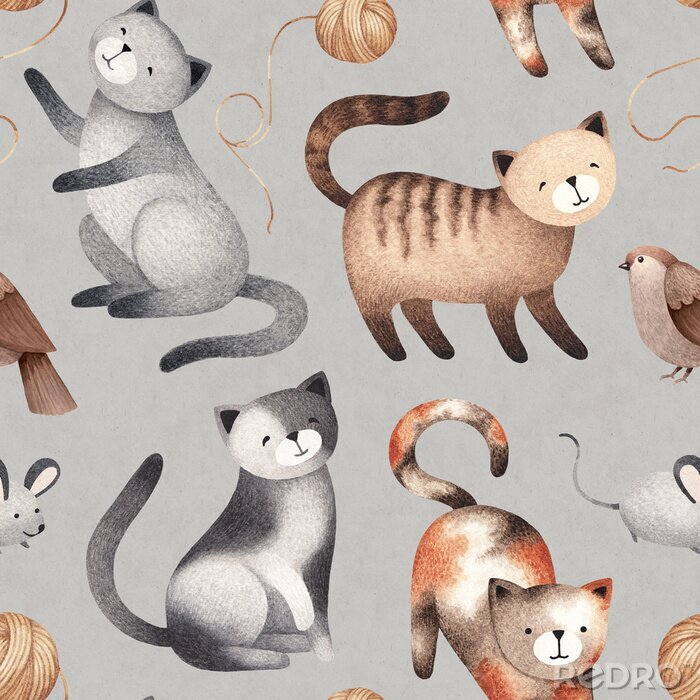 Sticker  Illustration aquarelle de chat mignon. Modèle sans couture