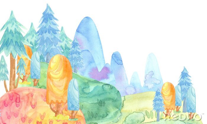 Sticker  Illustration aquarelle de dessin animé. Nature de conte de fées mignonne. Forêt de sapins colorés, arbres, montagnes. modèle de carte
